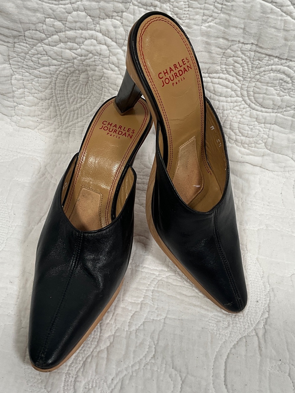 Charles Jourdan Black Leather Pointed Mule Heels with Tan Insole